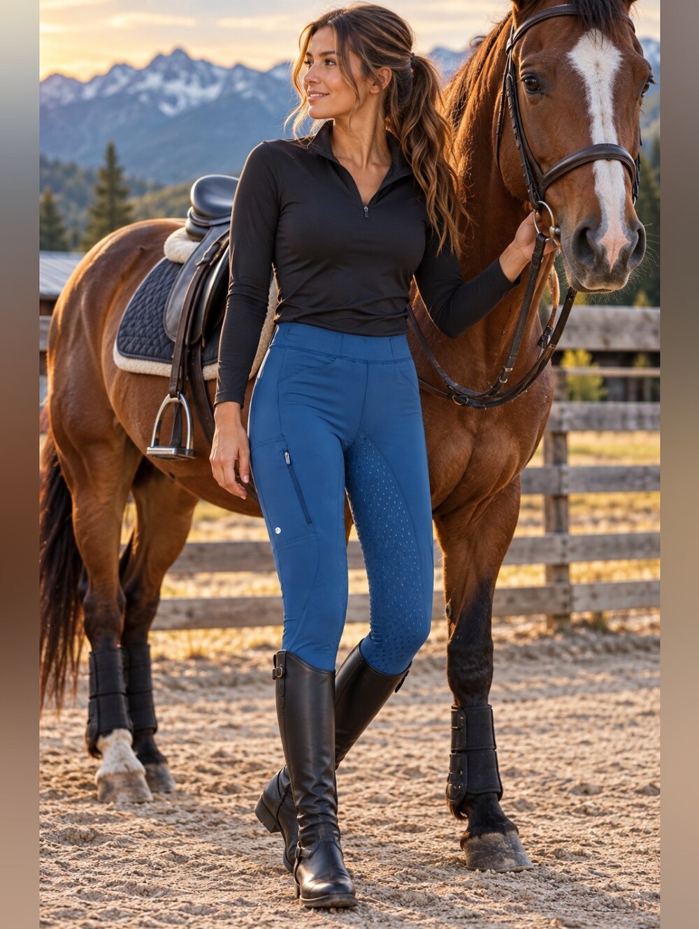 Willit Women’s XS Full Seat Grip Equestrian Riding Tights Blue Horse Breeches